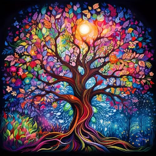 Peinture Diamant Arbre de Vie Coloré 5D, Kit DIY pour Adultes et Enfants, Peinture Diamantée Rond,Peinture Diamant Adulte Arbre de vie Coloré Personnalisé Enfants, Décoration Murale Maison, (30x30cm)