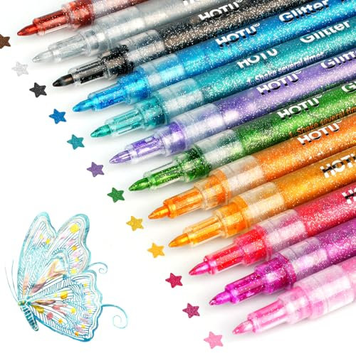 HOTU Feutres À Paillettes,12 Marqueur De Peinture Acrylique Paillettes Imperméable Pour Peinture Sur Pierre, Céramique, Bois, Tissu, Scrapbooking, Cartes Ect À Pointe Extra-fine 0,7 MM