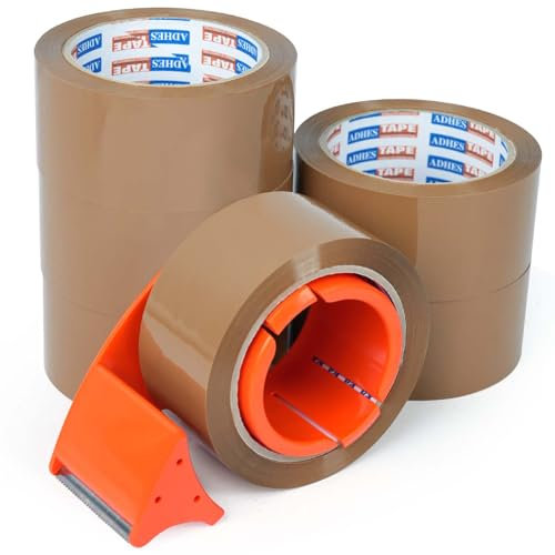 ADHES 6 rotoli per imballaggio film, 48mm x 50m marrone nastro industriale a basso rumore, con taglierina, scatola di cartone per il trasporto e il movimento