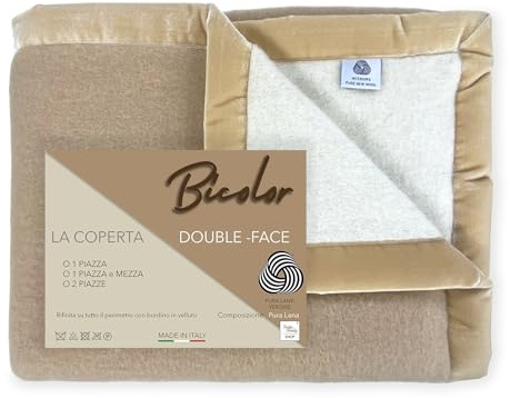 Tex family Coperta in Lana - Bicolor - Pura Lana Vergine - Morbida e Calda - Beige Chiaro/Scuro - Letto Singolo 1 Piazza - Cm. 150x210