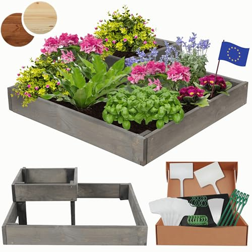 MODO24 Hochbeet Holz, Blumenkasten, Gartenbeet, 18x62x62cm, Grau | Robustes Kräuterbeet & Pflanzbeet aus Kiefernholz, Stufenförmiges Blumenbeet & Gartenbeet für Garten, Balkon & Terrasse