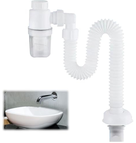 LANZLC Siphon 1 1/4 Zoll Raumsparsiphon, Flexibler Ablaufschlauch, Einstellbarer Siphon Waschbecken, Geruchsdichter Flexibles Siphon Austauschbarer Abwasserrohr, Abflussrohr mit Geruchsverschlus, Weiß