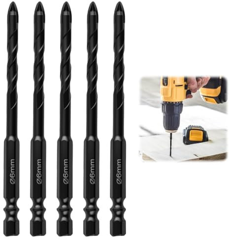 Glass and Tile Drill Bit 6mm, 5Pcs 1/4 Professional Cross Tungsten Hex Shank Glass Concrete Drill Bit Set Suitable for Concrete Brick Porcelain Wood Plastic Glass Cement