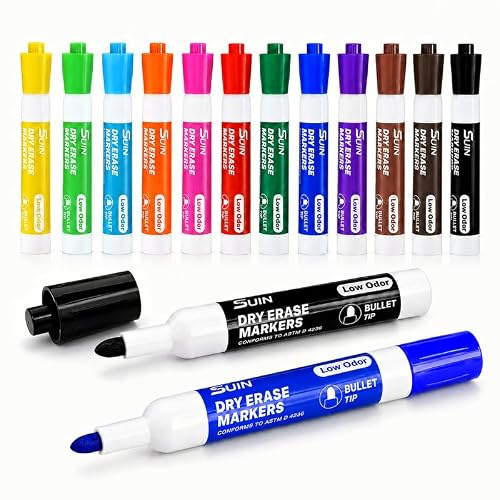 SUIN 12 Stylos pour Tableau Blanc Vivement Colorés, Marqueurs Effaçables à Sec Assortis avec Pointe Conique Moyenne, Marqueurs pour Tableau Blanc à Encre à Faible Odeur pour Sessions Créatives au