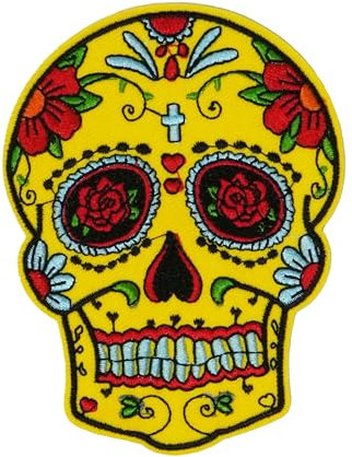 Mexican Sugar Skull Patch – Yellow Day of The Dead Embroidered Iron-On Appliqué (8 x 10cm) – Vibrant Día de Los Muertos Skull with Floral & Heart Details
