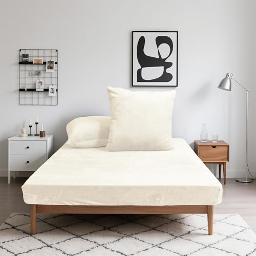 Mixibaby Flanell-Spannbettlaken Winter Microfaser extra weich & warm beidseitig angeraut 30 cm Steghöhe, 360°-Gummizug, pillingarm & pflegeleicht, Größe:90 x 200 cm, Farbe:Beige