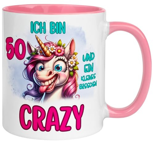 50 Geburtstag Frauen Geschenk Tasse | Ich bin 50 und kleines bisschen crazy | Lustige Geburtstagstasse mit Spruch 50. Geburtstag | 50ter Geburtstag - Witziges Geburtstagsgeschenk Frau