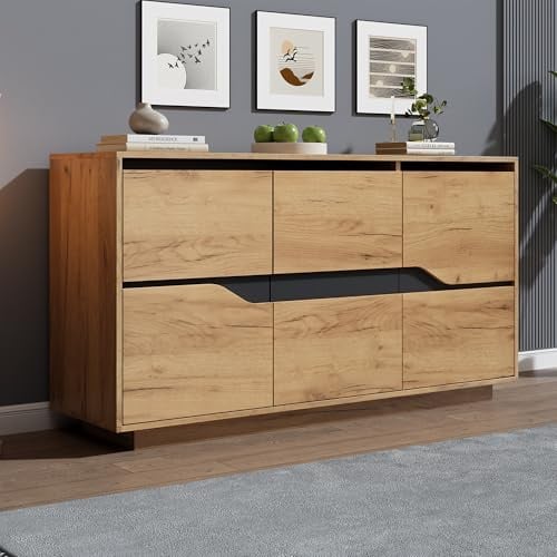 NADEUSAK Cómoda de salón de 70 x 140 cm, color madera + aparadores negros con 3 puertas, armario de comedor con divisores ajustables, armarios anchos sin asas