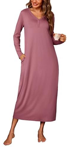Leversic Chemise de Nuit Longue Femme Coton Manches Longues | en Coton Doux et Confortable, Cette Longue Chemise de Nuit à Manches Longues Est Idéale Pour Les Nuits Fraîches et La Détente