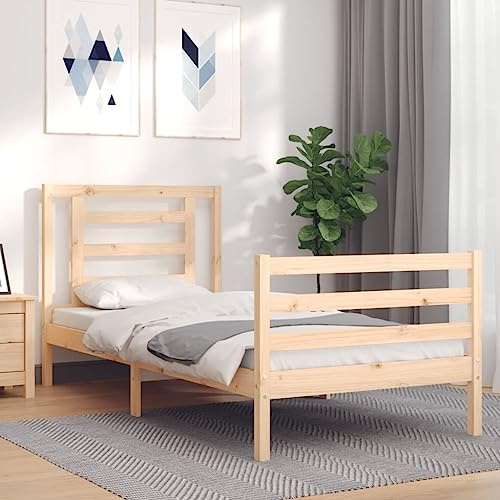 Holamys Massivholzbett Kiefer Natur 90x200 cm, Robustes Einzelbett mit Kopfteil, Stabile Lattenrost-Unterstützung für Schlafzimmer, Langlebiges Holzmöbelstück