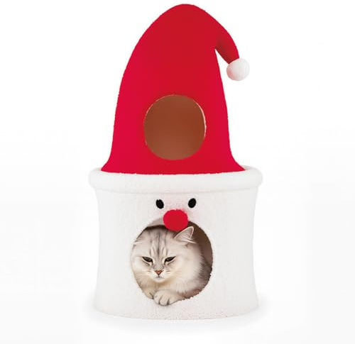 GOPLUS Arbre a Chat 75 CM en Forme de Père Noël, Maison pour Chat avec Perchoir Supérieur Rembourré, 2 Condo, Coussin Doux en Peluche, Décoration Noel Petit Centre d'Activité pour Chaton Intérieur