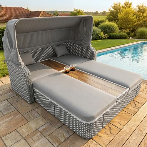 Lcoho Garten-Lounge-Set mit Sonnenschutz/Rattan-Insel-Sitzgruppe aus Polyrattan mit Pavillon/Wetterfeste Terassenmöbel inkl. Sofa,Hocker,Sessel & Tisch/Für Balkon & Garten (Grau, 192x160x137)