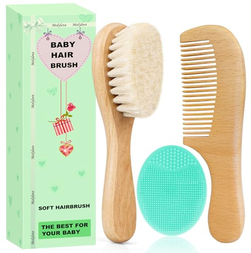 Molylove 3PCS Baby Hair Brush with Wooden Handle and Comb Set for Newborns & Toddlers | Natural Soft Goat Bristles l Wood Comb l Green Cradle Cap Brush | Ideal for Cradle Cap