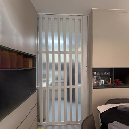 Porta a soffietto, Porta scorrevole pieghevole a fisarmonica in PVC bianco con finestre in acrilico di varie dimensioni(73x80in(185x203cm))