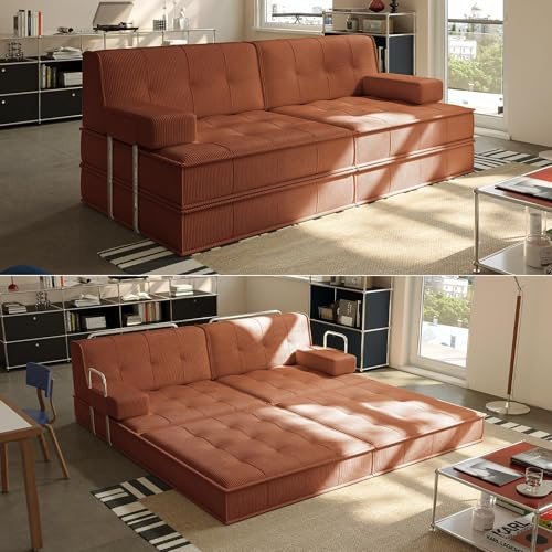 Wumagin 6 in 1 Schlafsofa 160x100cm,Klappbare Matratze 200x160cm mit festem Rahmen, Bequemer Ausklappbarer Futon, 4-Sitzer Gästesofa modularer Loveseat für Wohnzimmer (Orange)