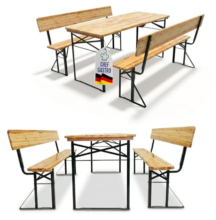 CHEFGASTRO Bierzeltgarnitur mit Lehne mittig klappbar 170 cm breit 3-teilig 1x Tisch 2X Bierbank mit Rückenlehne, lackiertes Holz, Biertischgarnitur Festzeltgarnitur Gartenmöbel-Set