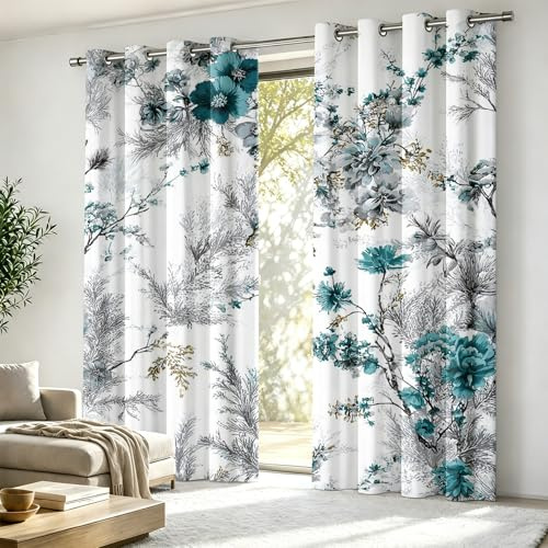 Luxfieo Blumen Vorhänge Türkis Blumen Botanisch Blumenmuster Vorhang Blickdicht Gardinen 245 cm Lang Verdunklungsvorhänge mit Ösen Thermovorhang für Wohnzimmer Schlafzimmer Fenster Deko 2er Set