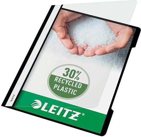 Leitz A4 Standard Schnellhefter, 25er Pack, 30% Pre-Consumer Recycling-Kunststoff, Hefter für A4-Blätter, 60 Blatt Kapazität, Ideal als Dokumententasche für Schule oder Büro, Schwarz, 41910095