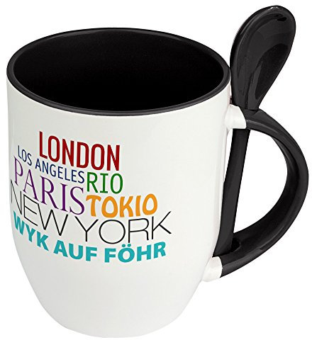 Städtetasse Wyk auf Föhr - Löffel-Tasse mit Motiv Famous Cities in the World - Becher, Kaffeetasse, Kaffeebecher, Mug - Schwarz
