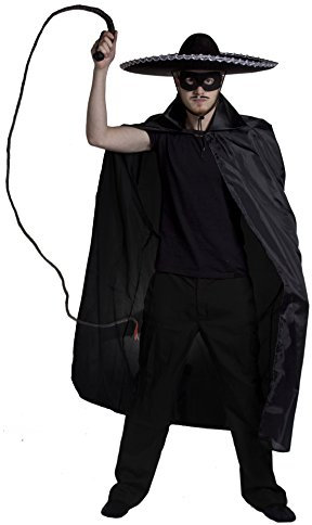 Adult Costume Set - Spanish Bandit Outfit: 56 Black Cape with Collar, Black Eye Mask, Large Black Sombrero with Silver Trim, Bull Whip (I Love Fancy Dress®)