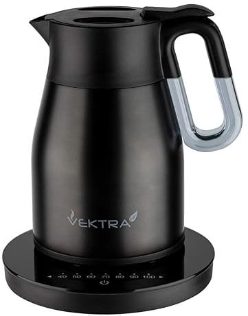 Vektra VEK-1504MBK Vacuum Insulated Easy Pour Cordless Kettle with Temperature Selection Indicator Gauge, 1.5 Litre, Metallic Black