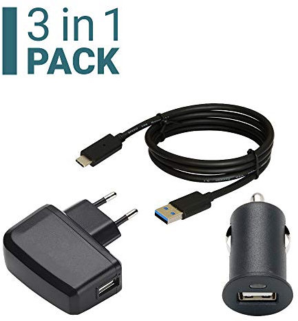 Slabo 3in1 Lade-Set für ZTE Axon 9 Pro | Axon 10 Pro | 10s Pro | 11 5G | Nubia Red Magic (5G) | Blade V2020 Starter Set Datenkabel USB-C | KFZ Mini Lade Adapter | USB Netzadapter - SCHWARZ | Black