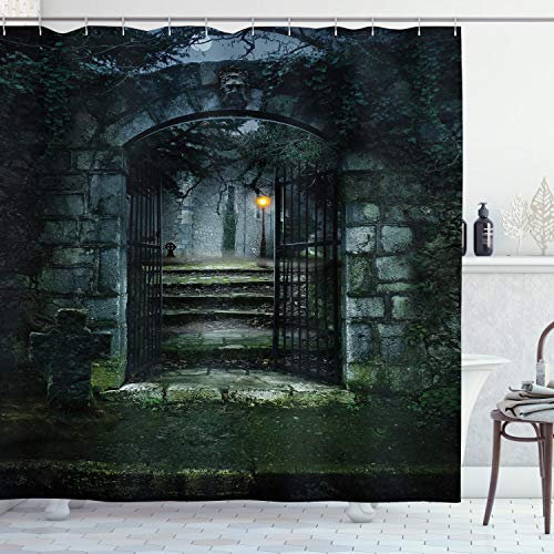ABAKUHAUS Gotisch Duschvorhang, Dunkler Spukschloss, Stoffliches Gewebe Badezimmerdekorationsset mit Haken, 175 x 180 cm, Grau Grün