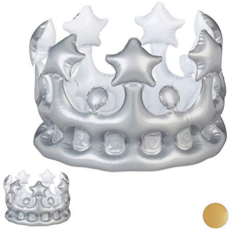 Relaxdays 2 x Aufblasbare Krone, Kostümzubehör Karneval, Accessoire für Prinzessin & König, JGA, Geburtstagskrone, Silber