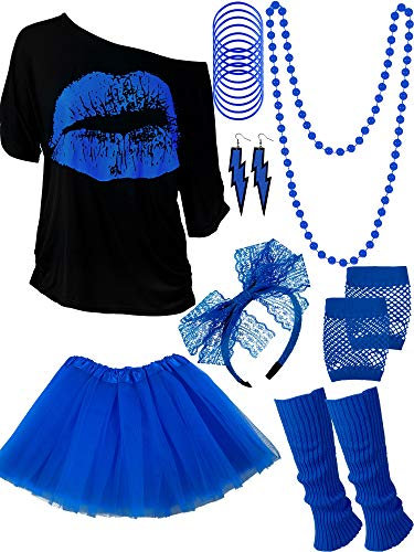 Blulu 80 Jahre Kostüm Zubehör Set, T-Shirt Tutu Stirnband Ohrring Halskette Beinlinge(M,Königsblau)
