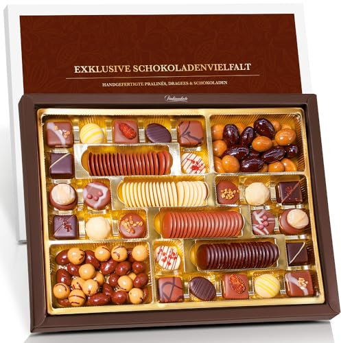 Pralinenbote - Exklusive Schokoladenvielfalt mit 24 handgefertigten Pralinen, 72 feinen Schokoladen und 235 g Schokoladen-Dragees in exklusiver Geschenkbox XXL