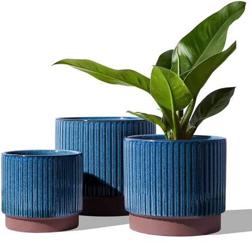 LE TAUCI Ceramic Plant Pots with Drainage Holes, Set of 3, 8+6.5+5.5 Inch Stripe Garden Planter Pots for Outdoor Indoor Plants Flower, Round Succulent Orchid Flower Pot Small to Large Size, Blue