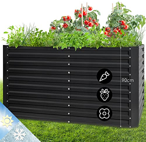 blumfeldt High Grow Straight - Aiuola Rialzata, Materiale: Acciaio Zincato; Ø 0,6 mm, Protezione Antiruggine, 4 Travi Protettive di Alluminio, Volume: 1800 l, 200x90x100 cm (LxAxP), Antracite