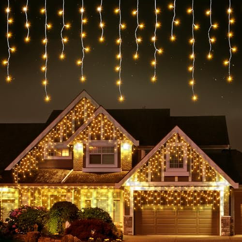 Quntis Eisregen Lichterkette Außen 10m 400 LED, IP44 Lichtervorhang Fenster Strombetrieben, Eiszapfen Weihnachtsbeleuchtung Innen Warmweiß, Timer 8 Modi, Erweitebare Weihnachtsdeko für Balkon Terrasse