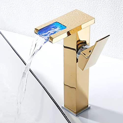 FW Robinet Lavabo LED Haut Cascade Robinet Salle De Bain, Moderne Design Élégant Doré Laiton Mitigeur Lavabo, Eau Chaude Et Froide Disponible, 3 Changements De Couleur