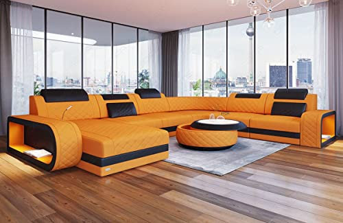 Sofa Dreams XXL Stoff Wohnlandschaft Berlin - mit LED Beleuchtung, verstellbare Kopfstützen, Ottomane/Mikrofaser/Ausrichtung wählbar (Ottomane Links, Schwarz-Aprico)