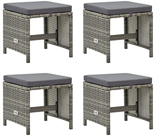 Tidyard 4X Gartenhocker mit Sitzkissen Sitzhocker Fußhocker Fußstütze Fußbank Ottomane Fußablage Terrassen-Polsterhocker Gartenmöbel Hocker 40,5 x 40,5 x 35 cm (B x T x H) Poly Rattan Grau