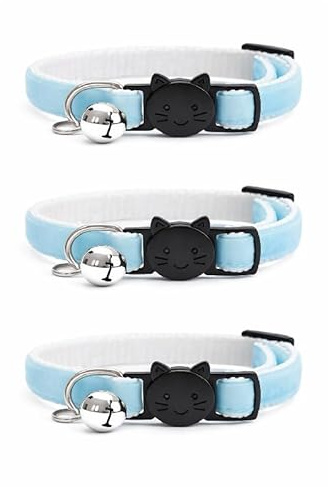 Velvet Cat Collars with Bell. Safe Breakaway Quick Release Buckle. Available in Cat & Kitten Size (Pack of 3) (Cat Collar (20cm - 30cm), Baby Blue Velvet (Pack of 3))