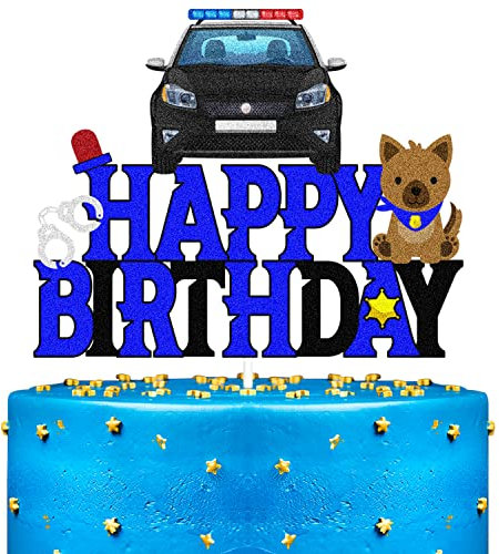 Police Happy Birthday Cake Topper - Police Car Police Dog Themed for Kids Boys Men - Happy Retirement Party Supplies Black Blue Glitter Decorations