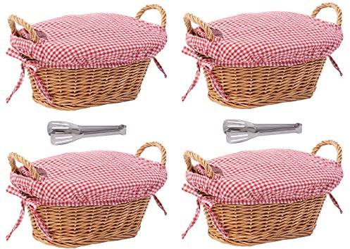 eGenuss 4 paneras rústicas de mimbre grueso + 4 fundas de algodón extraíbles + 4 cubre cestas de algodón transpirable + 2 pinza de acero inoxidable | Rojo