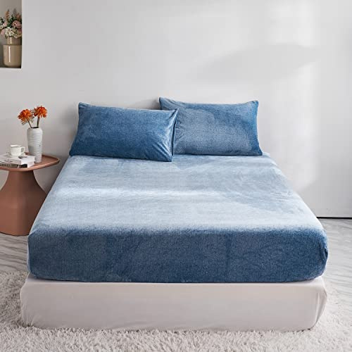 Damier Winter Spannbettlaken 120x200cm Blau Flauschige Warme Samt Bettlaken Teddy Plüsch Spannbetttuch Geeignet für 30cm Matratze