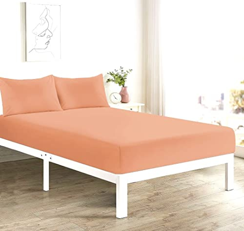 Easy Care NON IRON 4FT SMALL DOUBLE Fitted Sheet Polycotton Bed Mattress Cover & PILLOW PAIR (Peach 4FT)