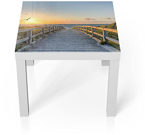 DEQORI Glastisch | weiß klein 55x55 cm | Motiv Dünenweg zum Meer | ausgefallener Beistelltisch aus Glas | Hochglanz Couchtisch fürs Wohnzimmer | moderner Couch Tisch mit Design