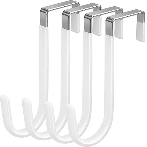 4 Pack Over The Door Hooks, White Rubber Surface Prevent Scratche Door Hanger Hooks for Bathroom, Living Room, Kitchen, Hanging Clothes, Towels, Bags(4 Pack White)