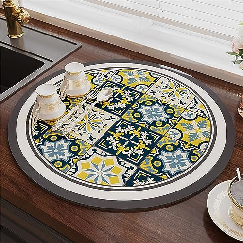 Morbuy Alfombrilla de Drenaje Absorbente de Cocina Redondo, Estilo Étnico Alfombrilla de Secado para Platos Alfombrilla Escurreplatos Estera Fregadero Secado Rápido (Diámetro 35cm,Amarillo)