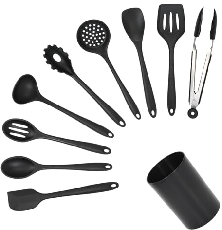 Silicone Kitchen Utensils Set of 10 for Cooking Serving & Nonstick Cookware, Slotted Turner, Soup Ladle, Skimmer, Round Spatula, Slotted Spoon, Pasta Server, Spoon, Spatula, Tongs & Holder