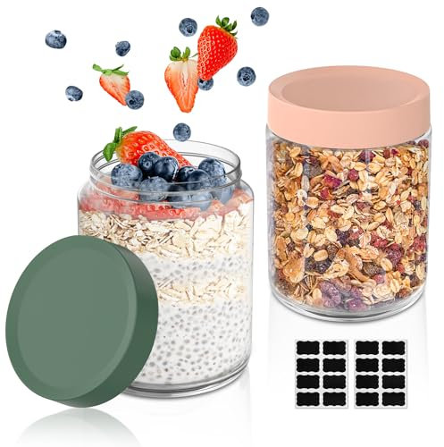 Yoassi Einmachgläser mit Schraubdeckel 500ml, 2er Set Overnight Oats Gläser für Joghurt, Salat, Müsli, Marmelade, Wiederverwendbare Vorratsgläser Glasbehälter mit Deckel Als Mason Jar