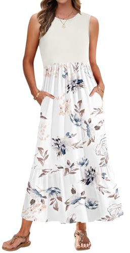 AUSELILY Robe Longue Femme Ete sans Manches Robe de Plage Legere Fluide Maxi avec Taille Empire Poches Fleur Blanche Beige XL