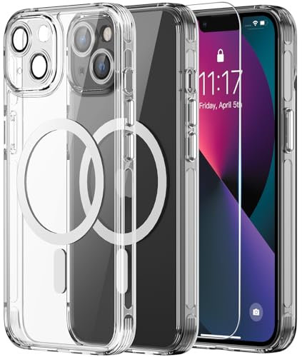 Helssitot Kameraschutz Magnetisch für iPhone 13 Hülle mit Schutzfolie,Kompatibel mit MagSafe,Anti-Yellowing,Durchsichtig PC Kratzfeste,Silikone Bumper Stoßfest Handyhülle iPhone 13 Case Transparent