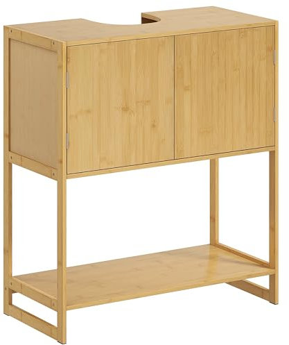 HOMCOM Meuble sous lavabo Salle de Bain Meuble sous Vasque en Bambou Meuble de Salle de Bain sous lavabo 2 Portes et 1 étagère - 70L x 33l x 79,5H cm Naturel