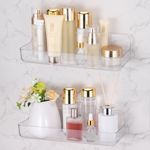 Fentar 2PCS Bathroom Shelf No Drill, Plastic Shower Caddy, Self Adhesive Shelves, Clear Basket, Acrylic Shelf 25kg Load Capacity, Small Shower Caddy Drainage Design, Bathroom for Shampoo Storage